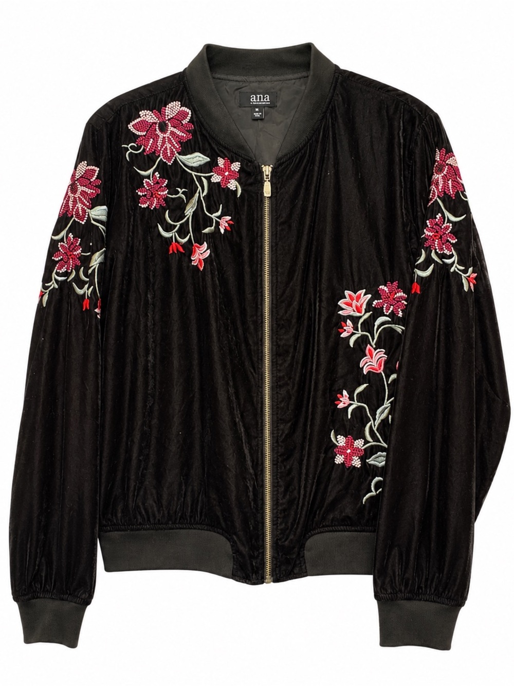 Embroidered Velvet Bomber Jacket Floral Black XL